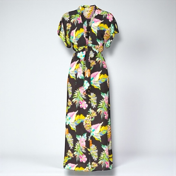 Tropical Pineapple Wrap Maxi Dress Resort Vacation Dress Black Print Size S NWT - Picture 4 of 7